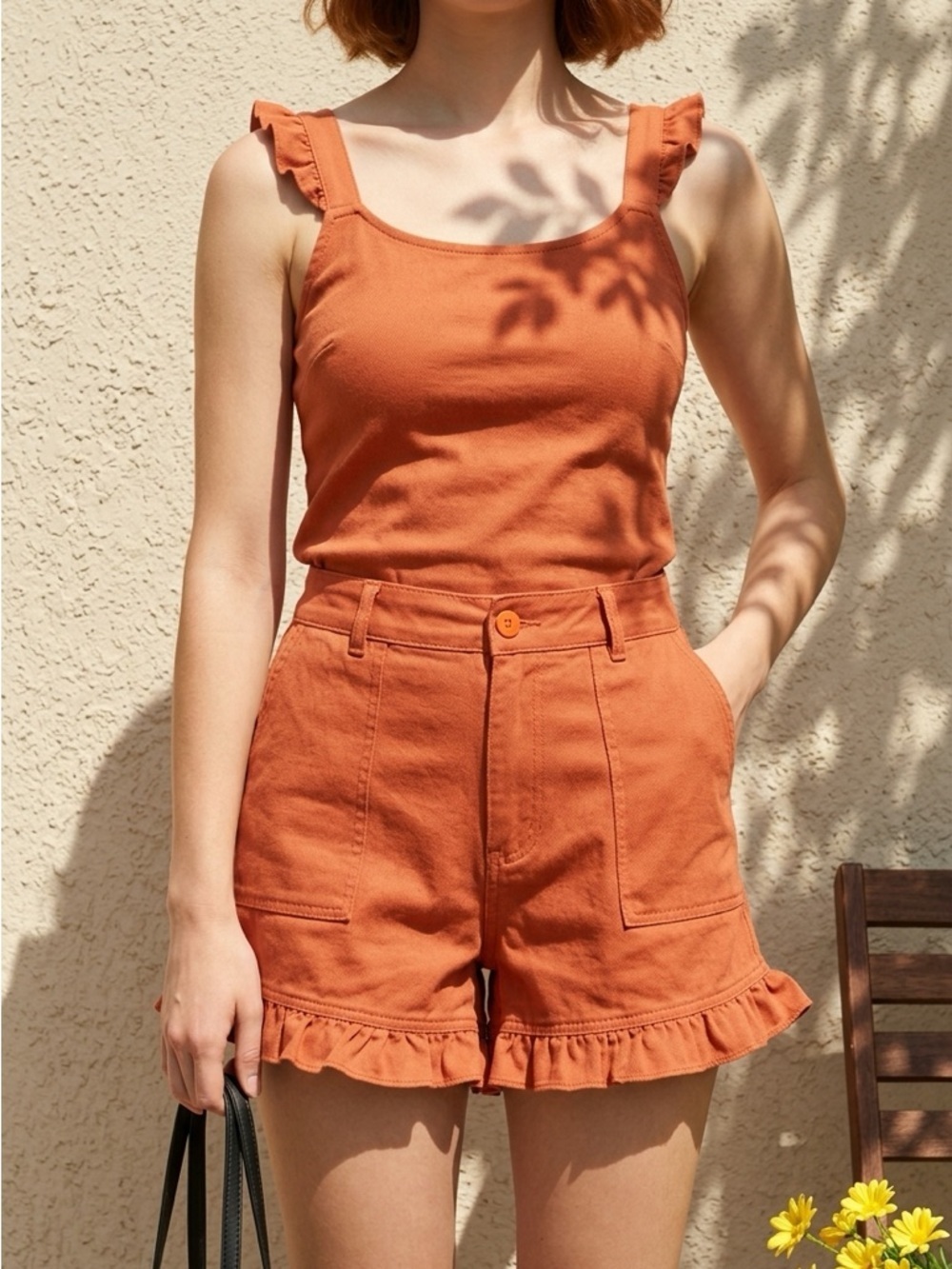 NWT Orange Ruffle Hem Shorts | Patch Pockets | Cider | Large | 100% Cotton